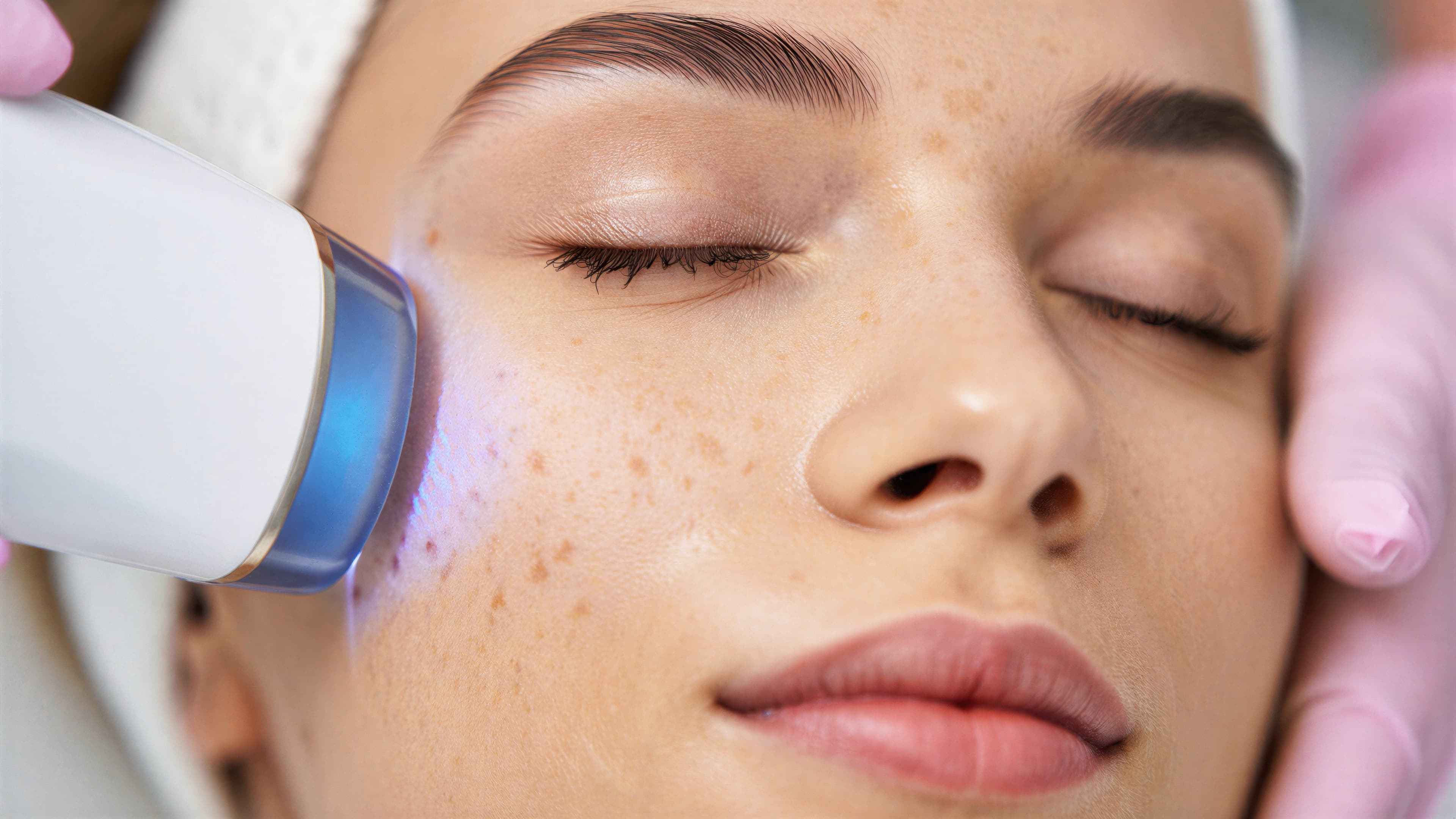A light-based device treating pigmentation on a woman's cheek