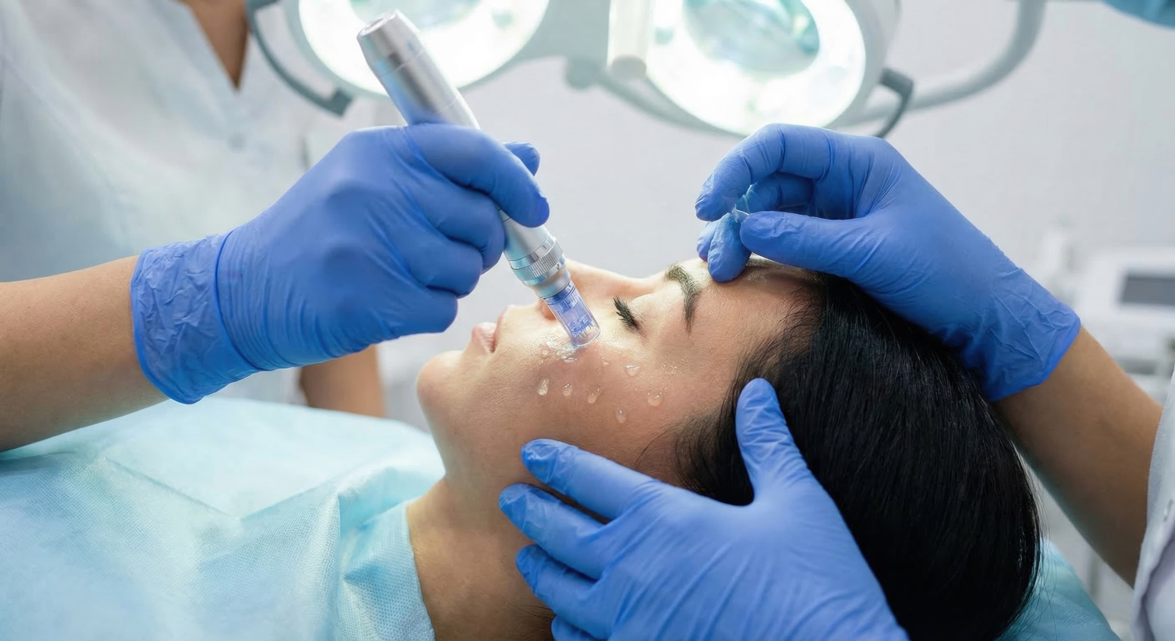 A provider performing microneedling on a patient's forehead