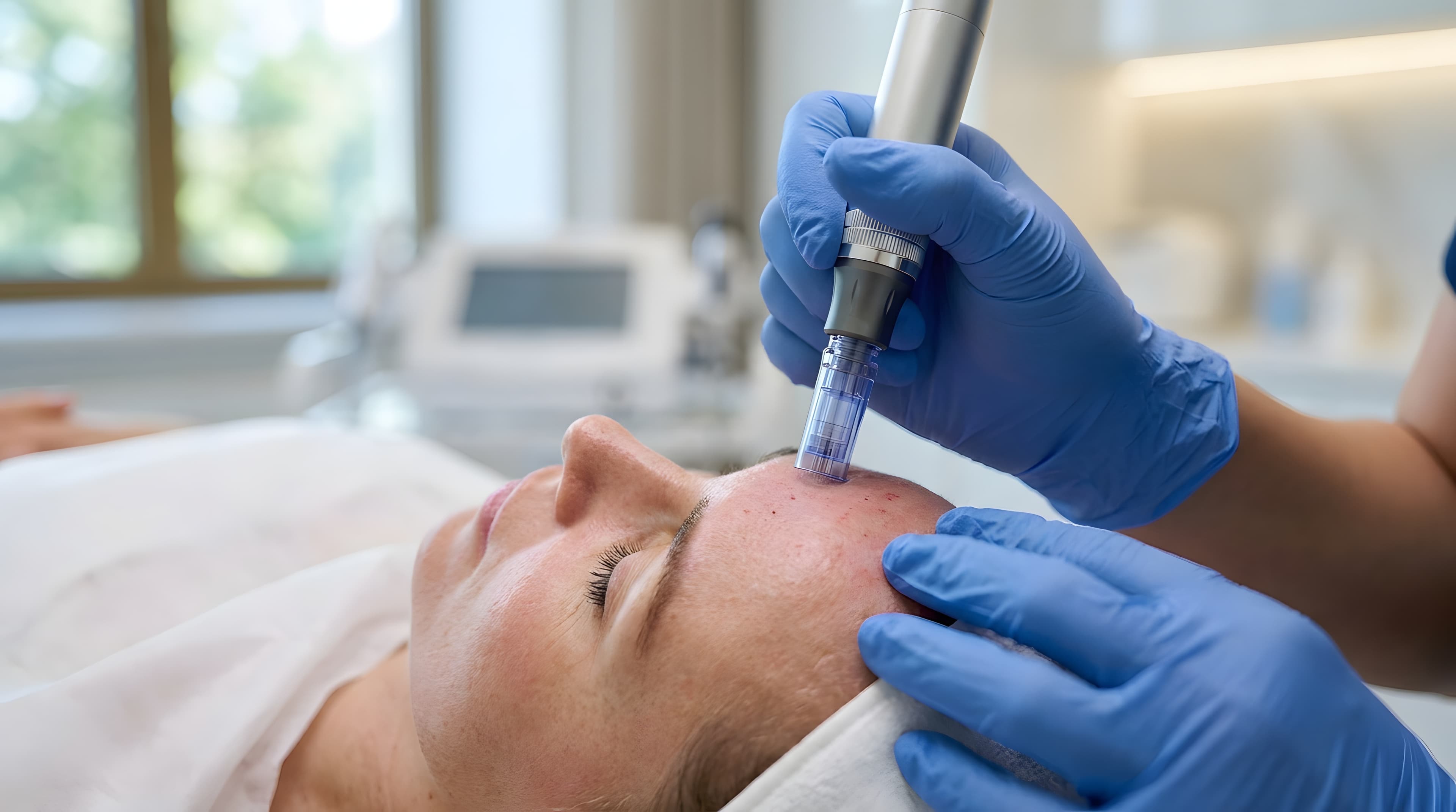 A provider using a microneedling pen on a client's forehead in a treatment room