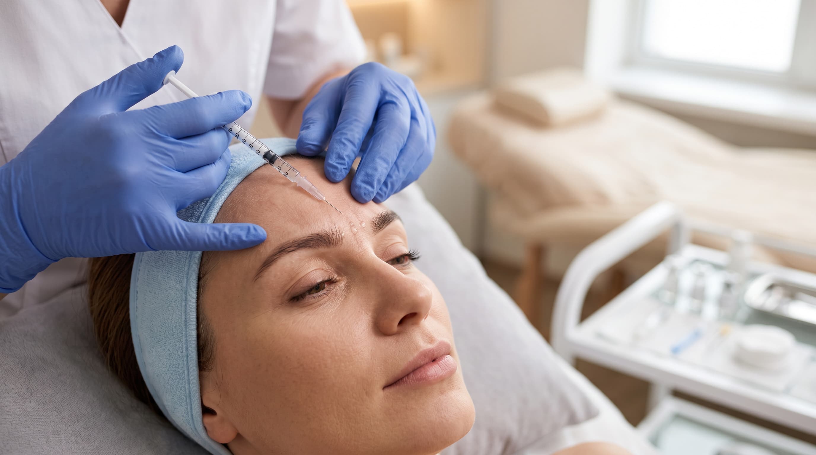 A provider injecting Botox® into a patient's forehead with gloved hands in a treatment room