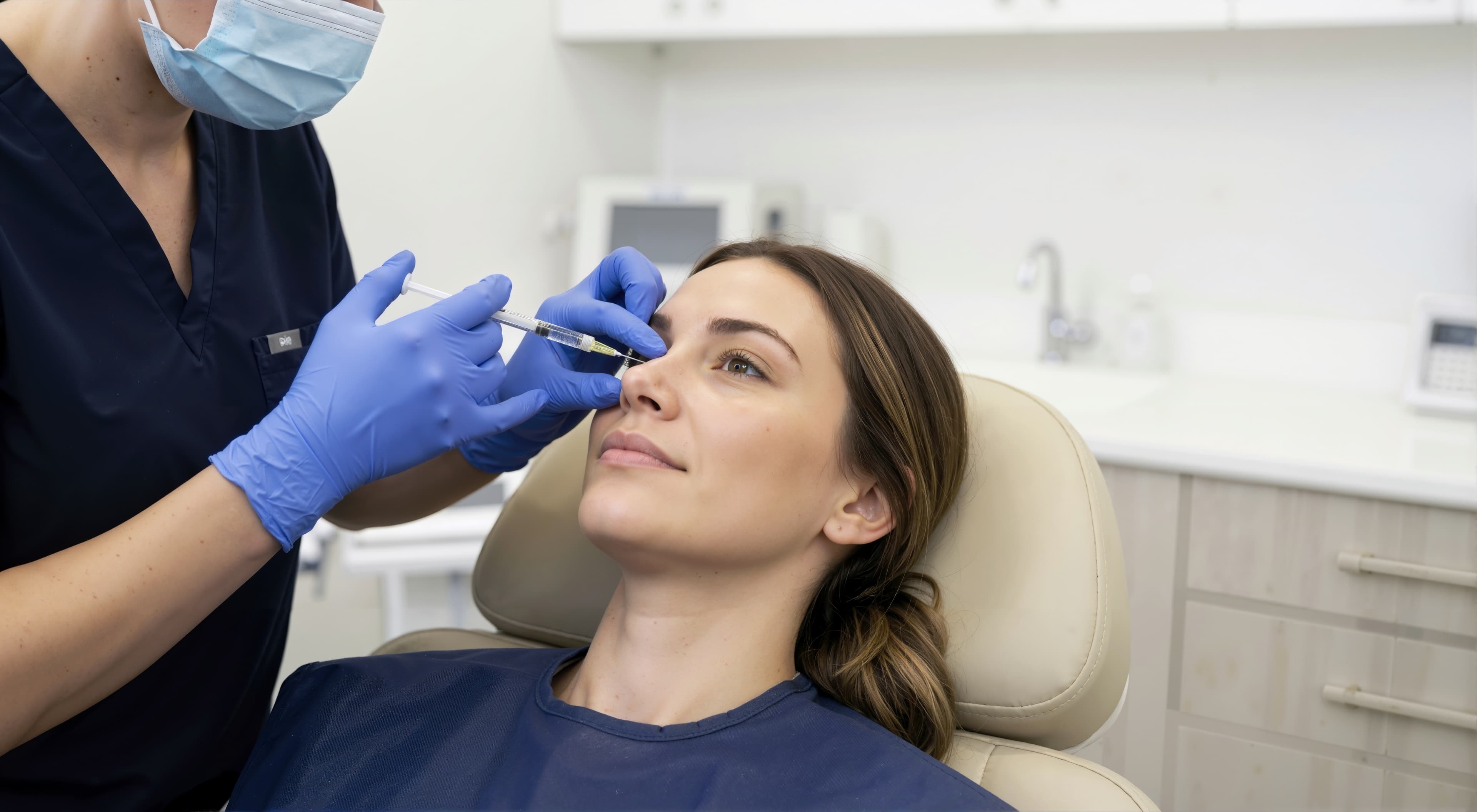 A provider injecting dermal filler near a patient's nose and upper lip in a clinical treatment room