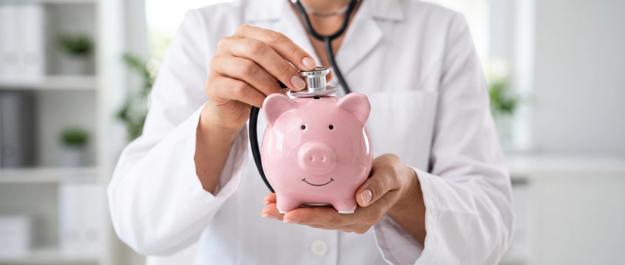 A pink piggy bank held together with a stethoscope by a person in a white coat.