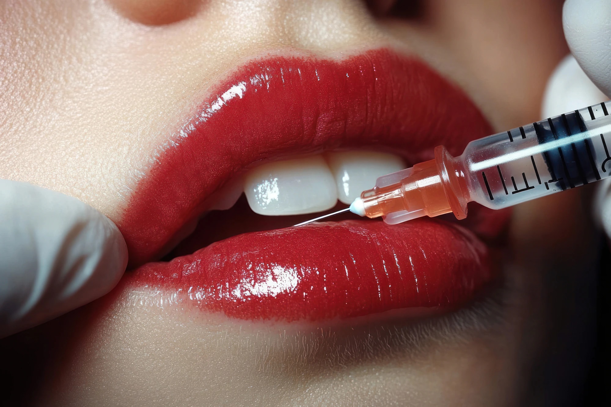 A syringe held near a woman's lips before a lip filler treatment.