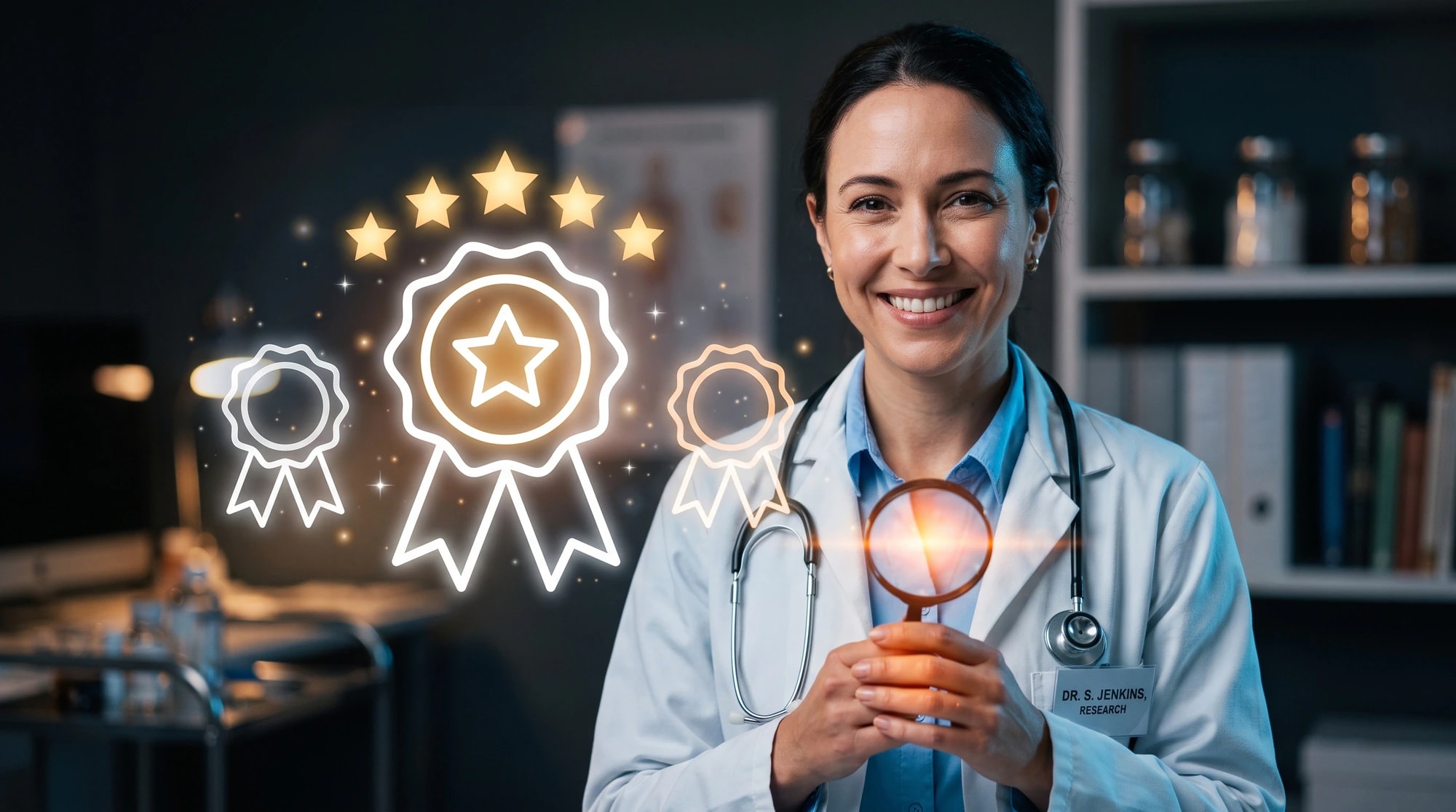 A smiling provider in a white coat with glowing award badges, representing verified credentials.