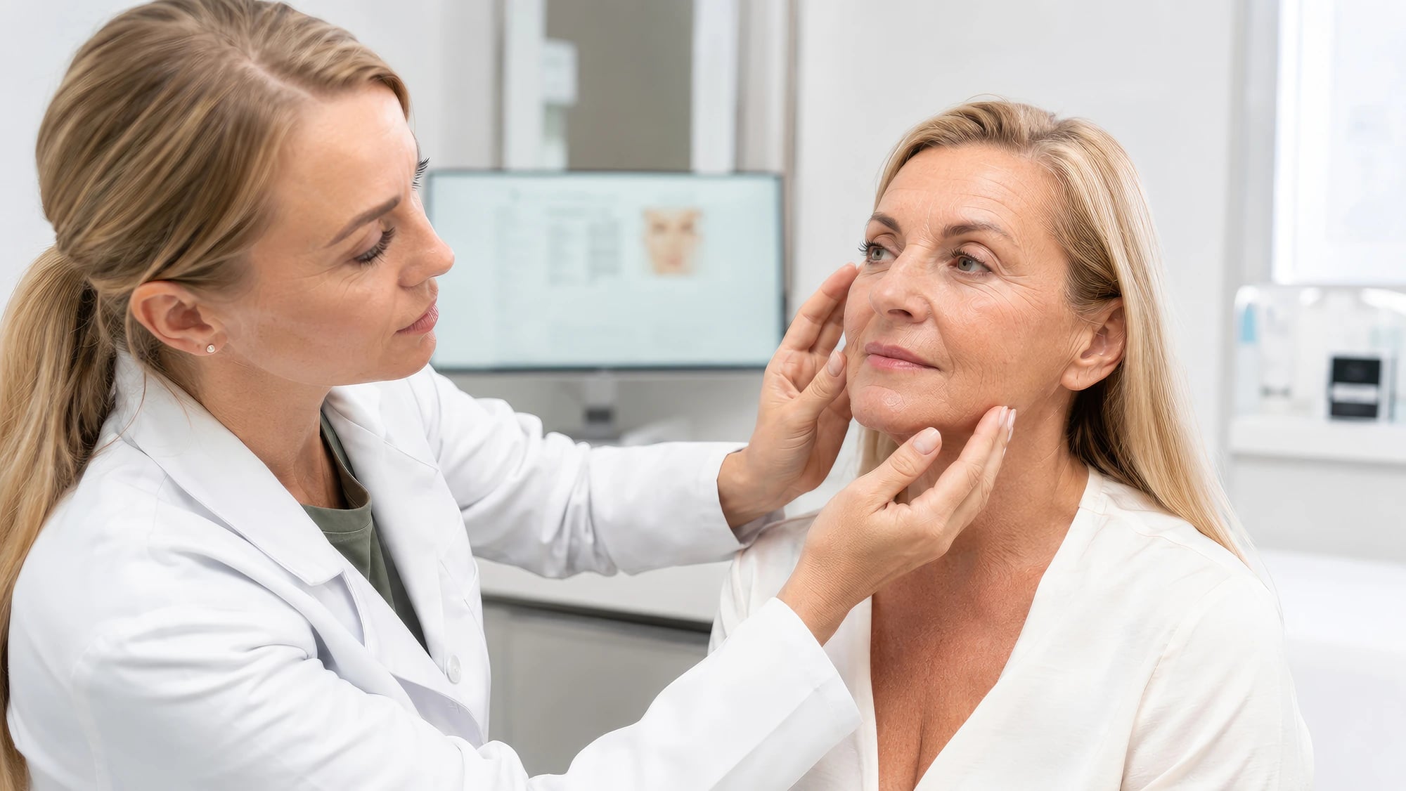 A provider consulting with a client in a clinic and assessing her facial skin.