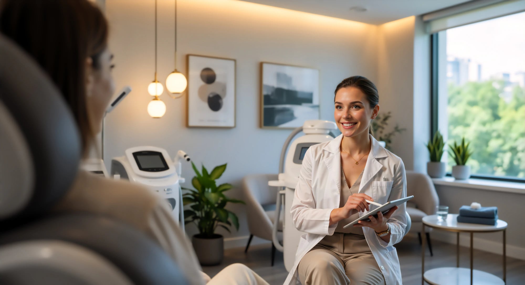 A smiling provider with a tablet talking with a client in a treatment room.