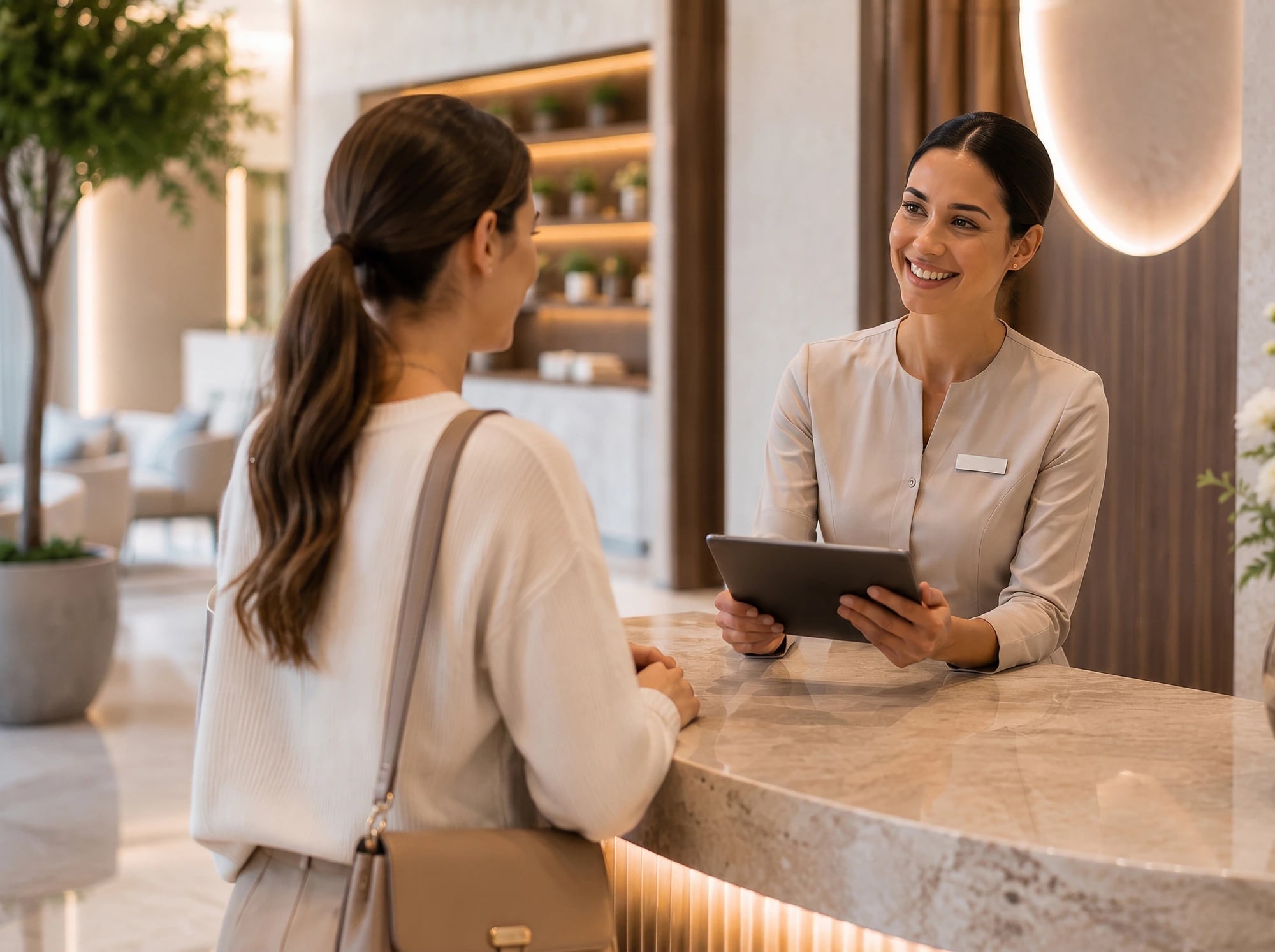 A client being welcomed at the reception desk of a medspa.