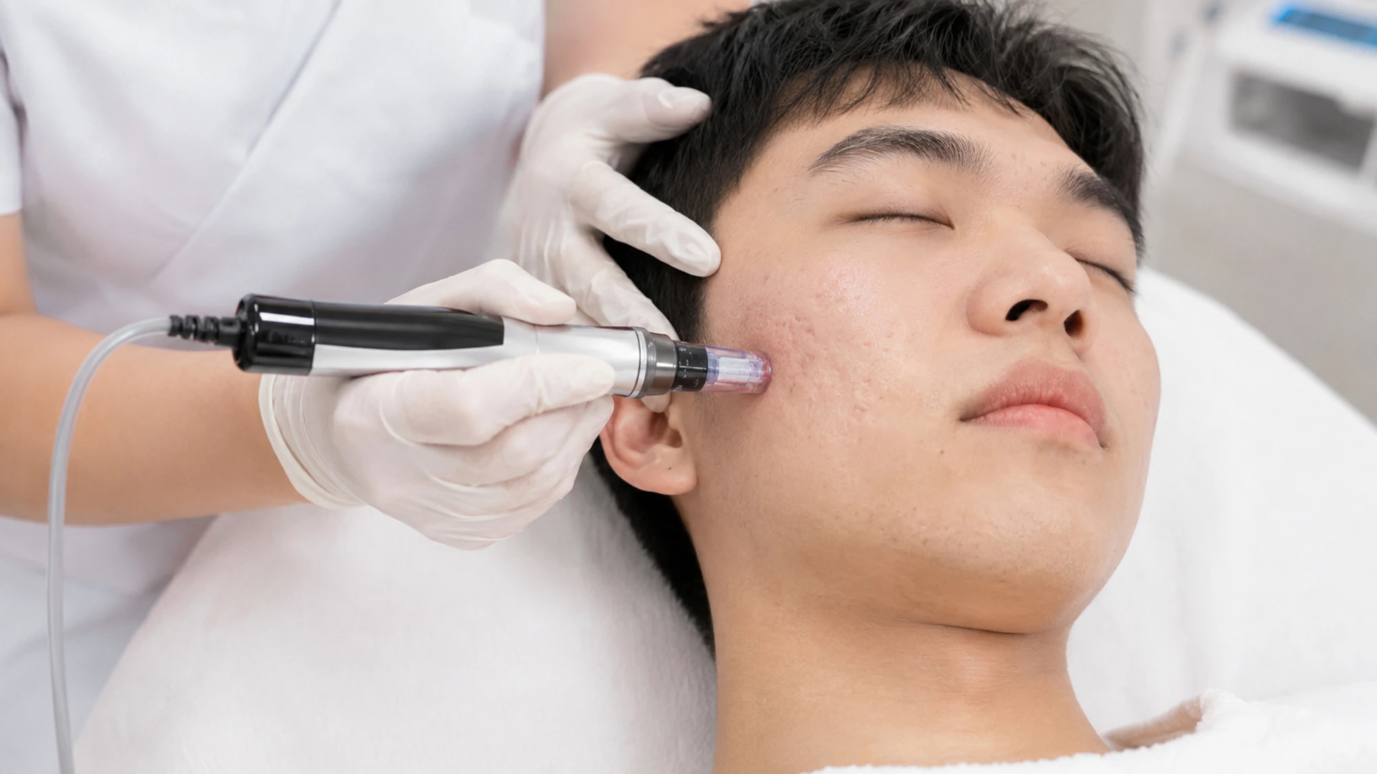 A provider using a microneedling pen on a client's cheek.